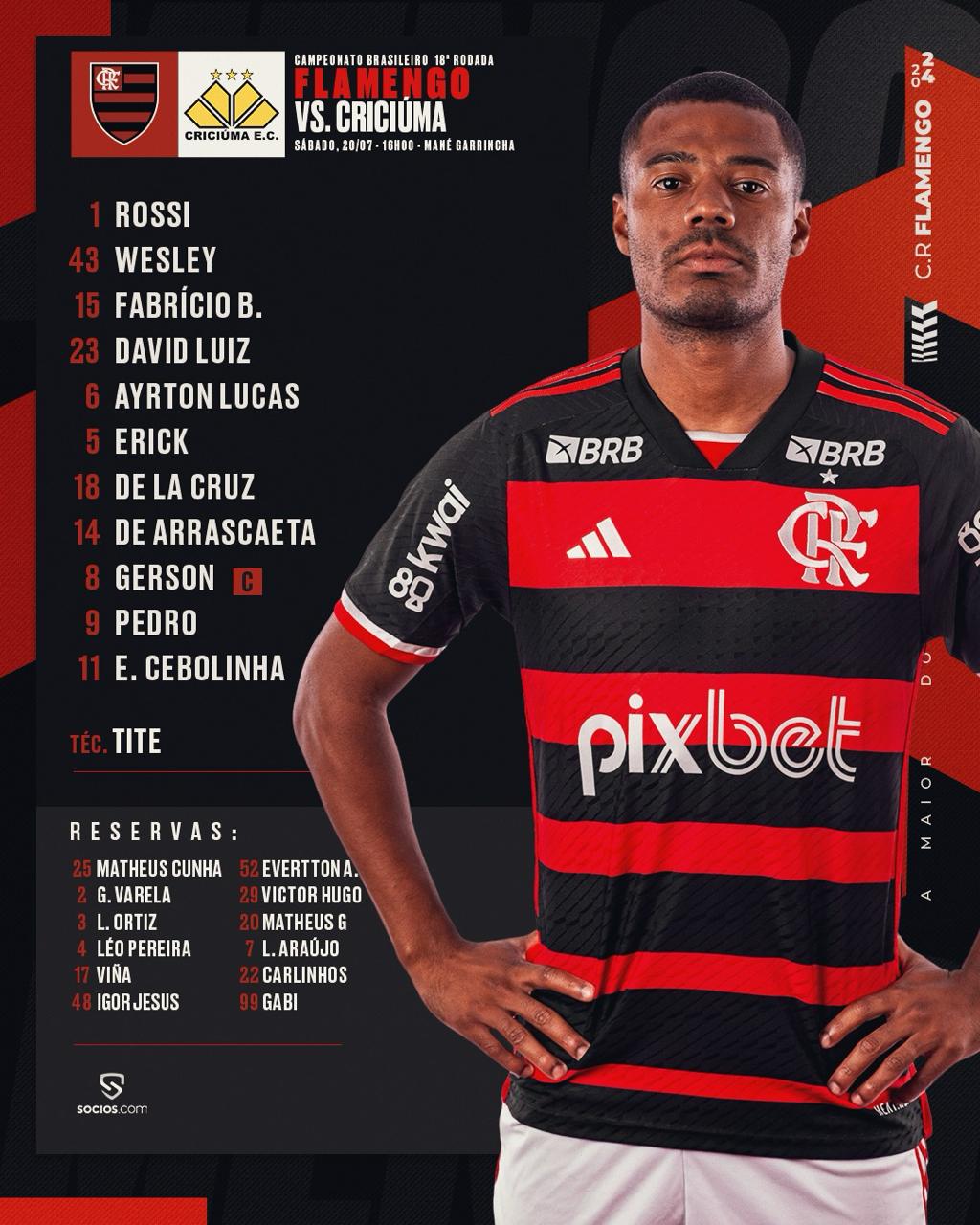 Flamengo revela time titular para partida contra o Criciúma