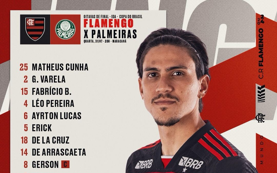 Flamengo divulga time titular para confronto contra o Palmeiras