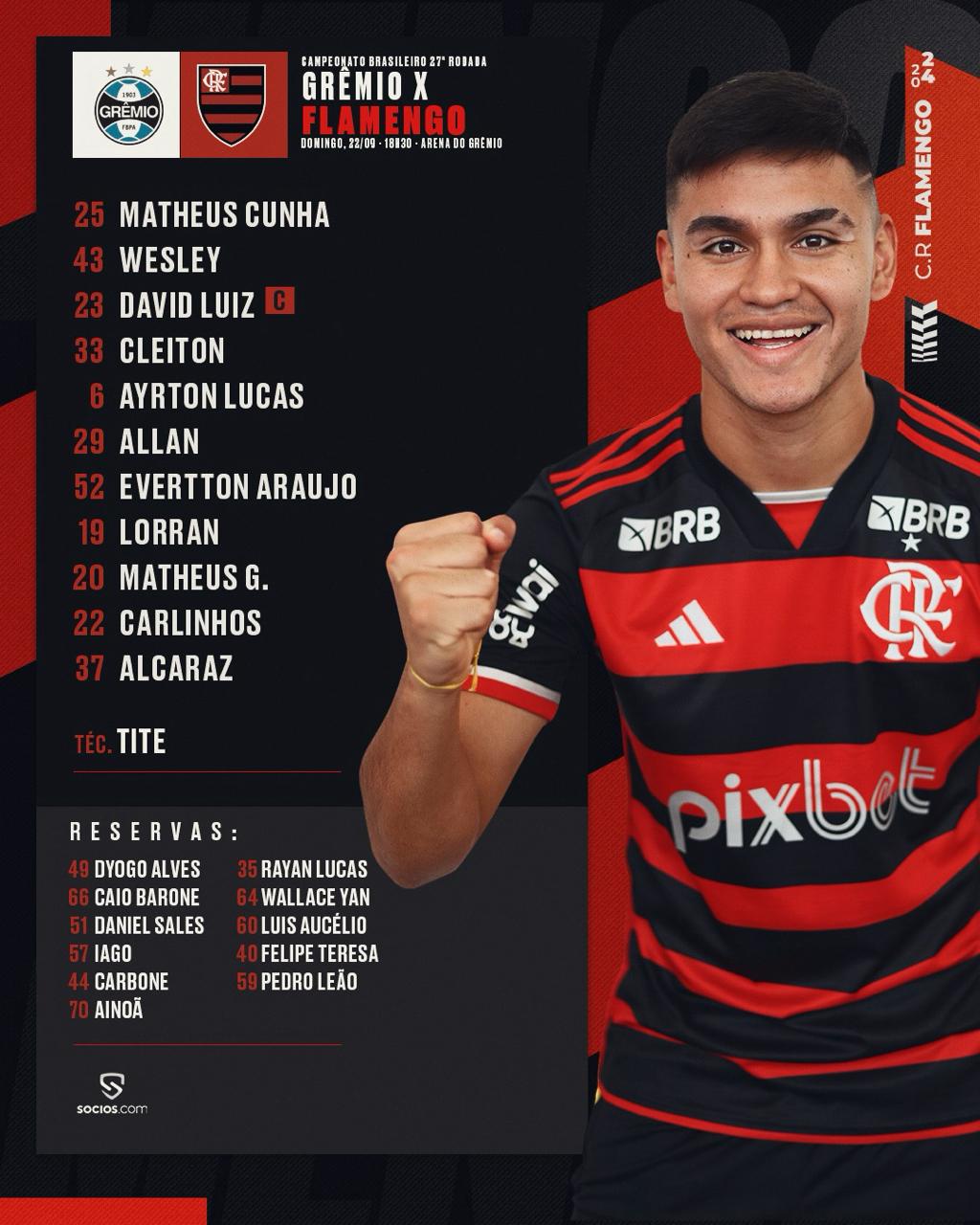 Flamengo revela escalação para partida contra o Grêmio