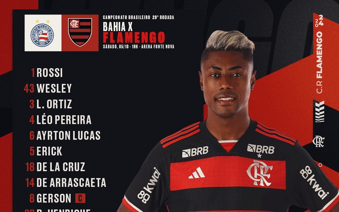 Com Gabigol, Flamengo divulga time titular para confronto diante do Bahia, pelo Campeonato Brasileiro